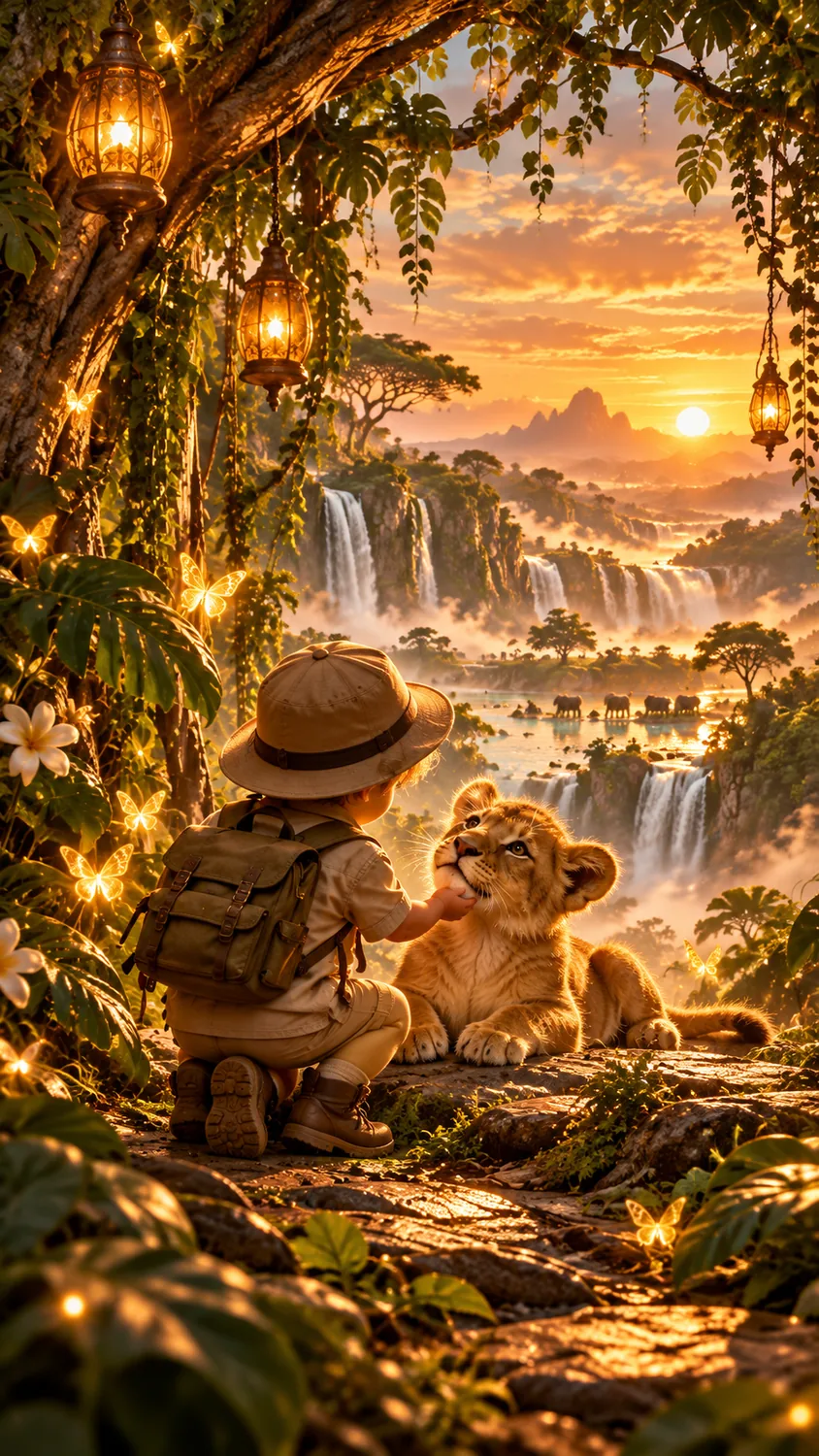 Boy meeting a lion cub