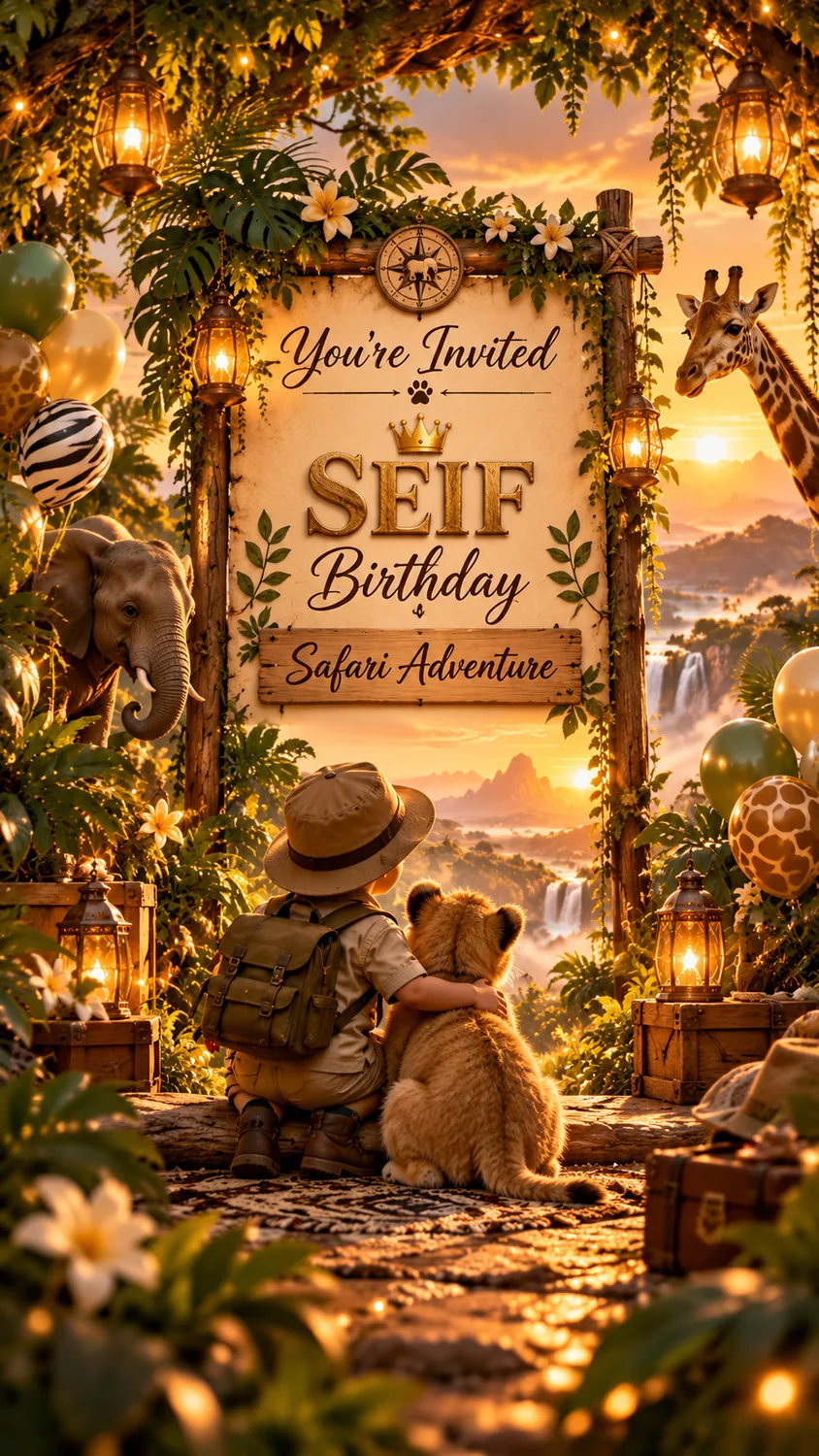 Concept artwork: a little explorer and lion cub at a magical safari birthday celebration
